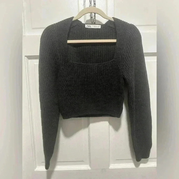 ZARA Wool Blend Cropped Sweater Square Neck Long Sleeve Pullover Size Small - Picture 4 of 6